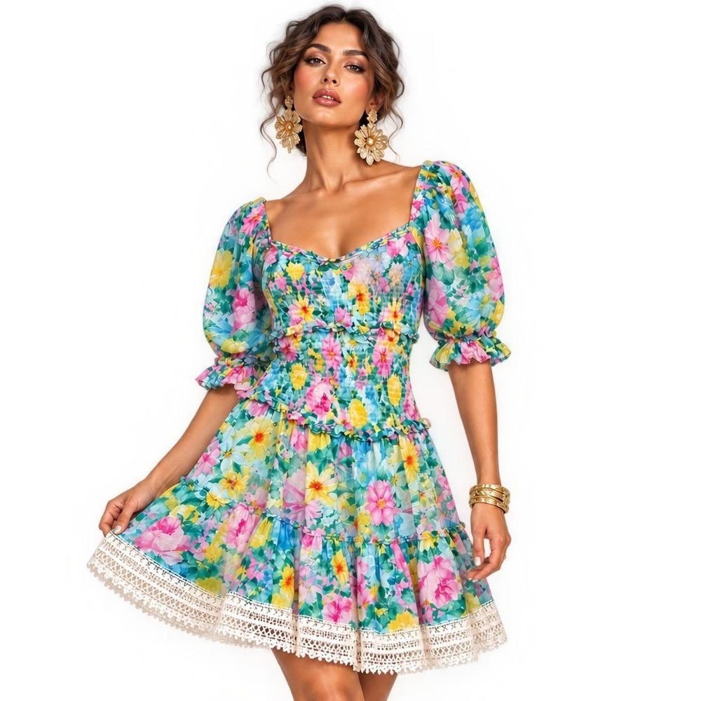 Hemant and Nandita Azalea Floral Smocked Mini Dress Multicolor Lace Trim Size P